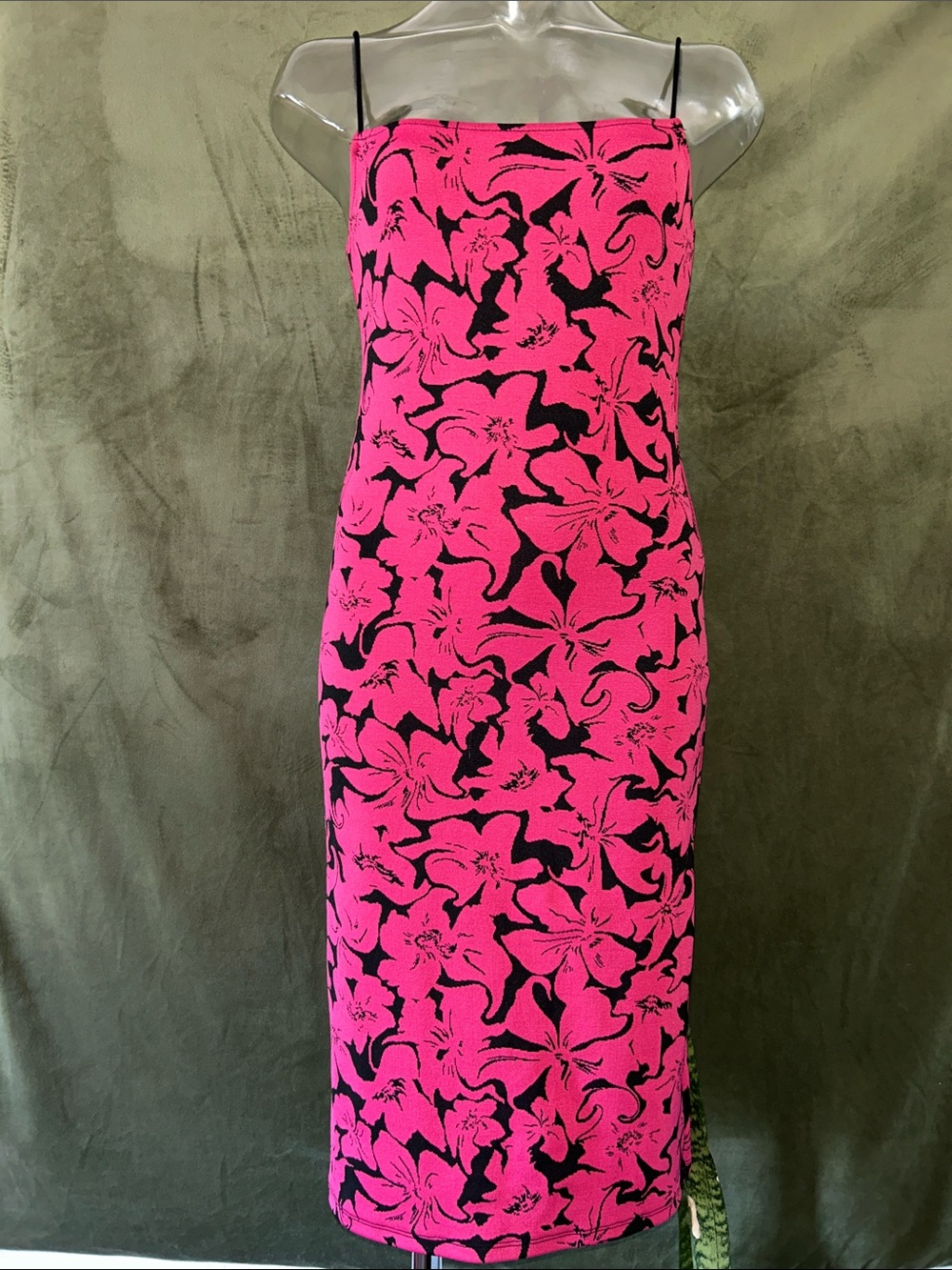 Zara Hot Pink and Black Floral Midi Dress